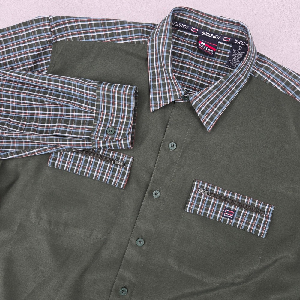 Bugle Boy Mens L Button Up Shirt Green Plaid Mixed Media Y2K Utility BB10462W